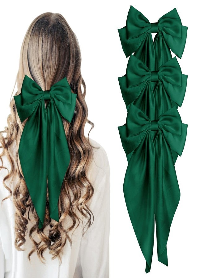 TULOBI Large Silky Satin Bows 3Pcs Green Hair Ribbons for Women - Cute Coquette Bow Clips with Long Tails and Ponytail Barrettes - Image 1